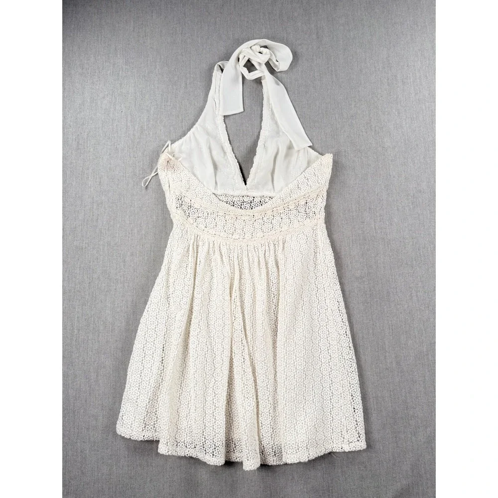 Free‎ People Ivory Lace Halter Mini Dress Boho Crochet Floral 12